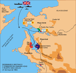 Desembarco británico y combates en el estrecho de San Carlos Crédito: Wikimedia Commons