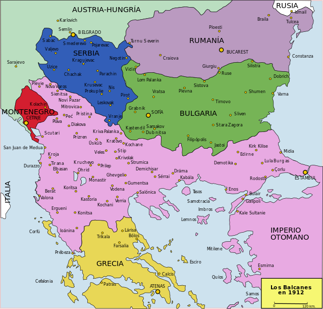 Las fronteras balcánicas a comienzos de 1912, antes del estallido de la guerra.