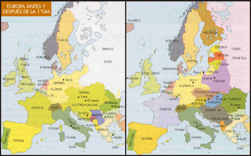 Europa antes y después de la IGM. Crédito: http://joseluistrujillorodriguez.blogspot.com.es
